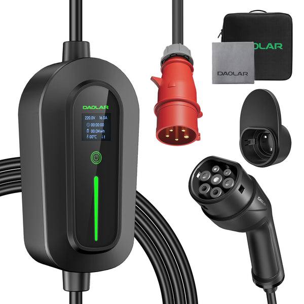 Daolar Mobile Wallbox / Opladningsstation 11 kW, [3-faset | 6-16 A] EV-oplader med justerbar opladningseffekt, Type 2 opladningskabel med CEE-stik