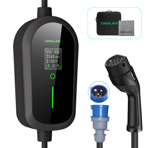 Daolar 7KW mobil indkøbskurv 3-benet CEE 32 A til type 2 bilopladekabel, 1-faset 32A elbiloplader med planlagt opladning til Model Y/3, ID.3/4/5, MG4, EX30, e-up, e-tron, Zoe, Q4, Gla osv.